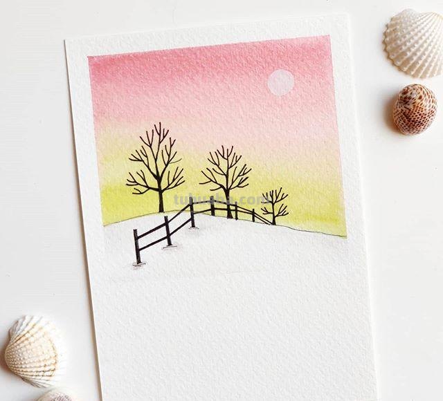 极简风格水彩插画：清新淡雅的色彩，寥寥几笔勾勒景观和心情