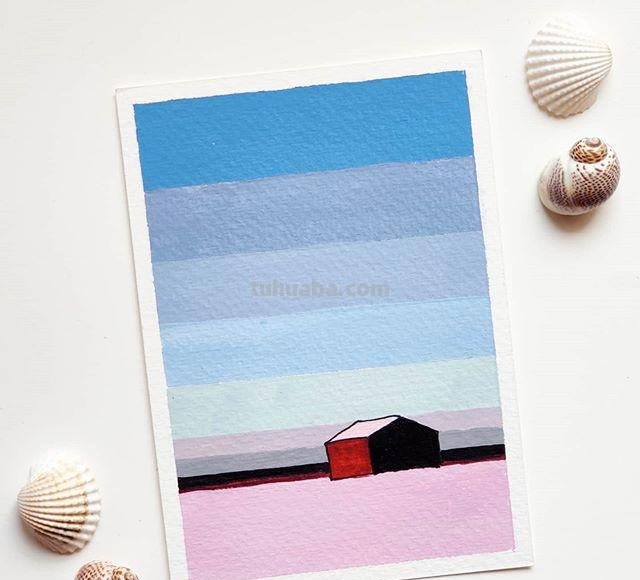 极简风格水彩插画：清新淡雅的色彩，寥寥几笔勾勒景观和心情