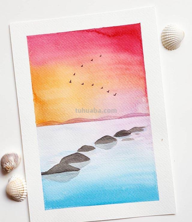 极简风格水彩插画：清新淡雅的色彩，寥寥几笔勾勒景观和心情