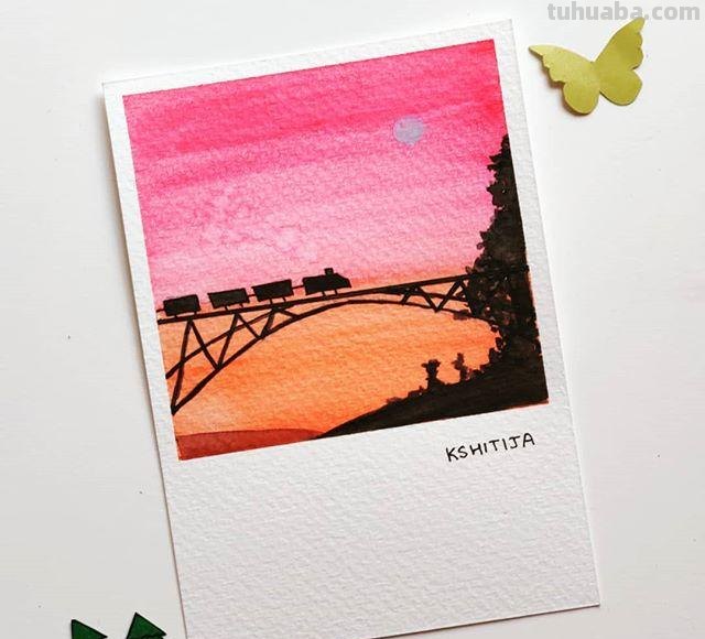 极简风格水彩插画：清新淡雅的色彩，寥寥几笔勾勒景观和心情