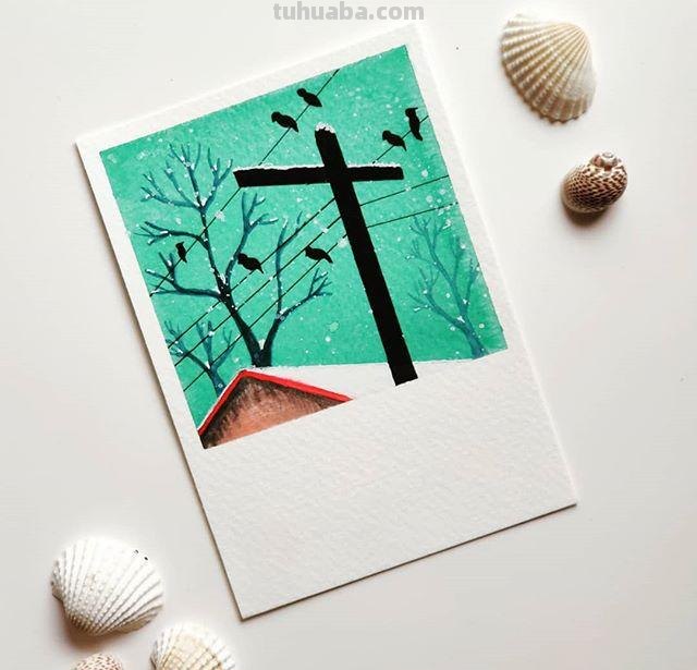 极简风格水彩插画：清新淡雅的色彩，寥寥几笔勾勒景观和心情