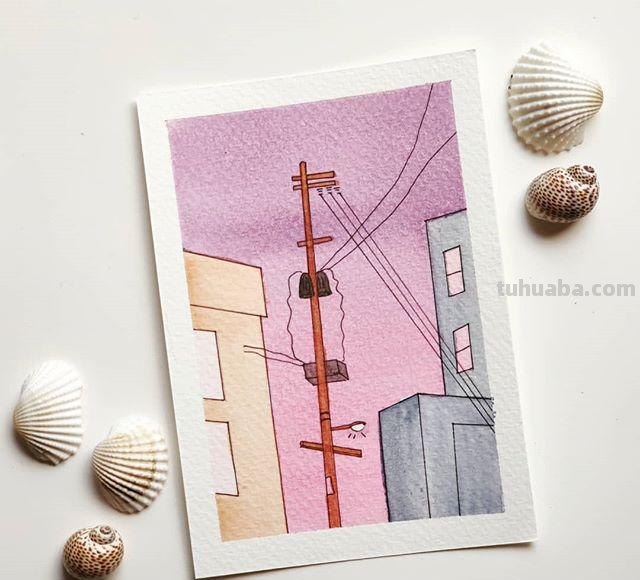 极简风格水彩插画：清新淡雅的色彩，寥寥几笔勾勒景观和心情