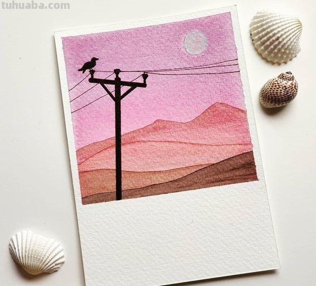 极简风格水彩插画：清新淡雅的色彩，寥寥几笔勾勒景观和心情