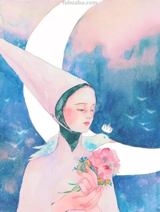 一组充满梦幻感的水彩插画，每一个少女都像精灵一样