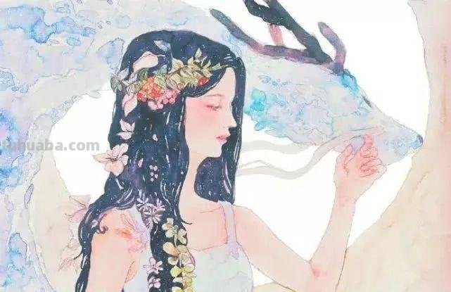 一组充满梦幻感的水彩插画，每一个少女都像精灵一样