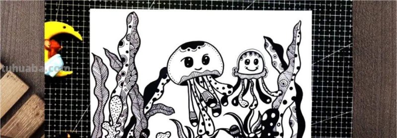 少儿创意美术课件分享：线描装饰画快乐的水母，收藏备用