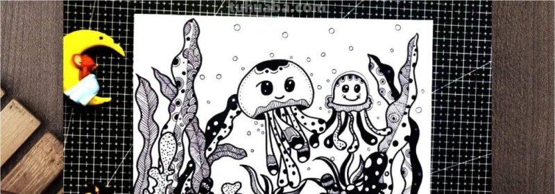 少儿创意美术课件分享：线描装饰画快乐的水母，收藏备用