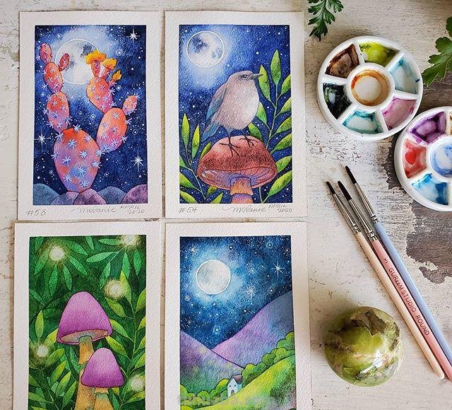 色彩绚丽、唯美梦幻的水彩插画，描绘了一个美好的童话世界