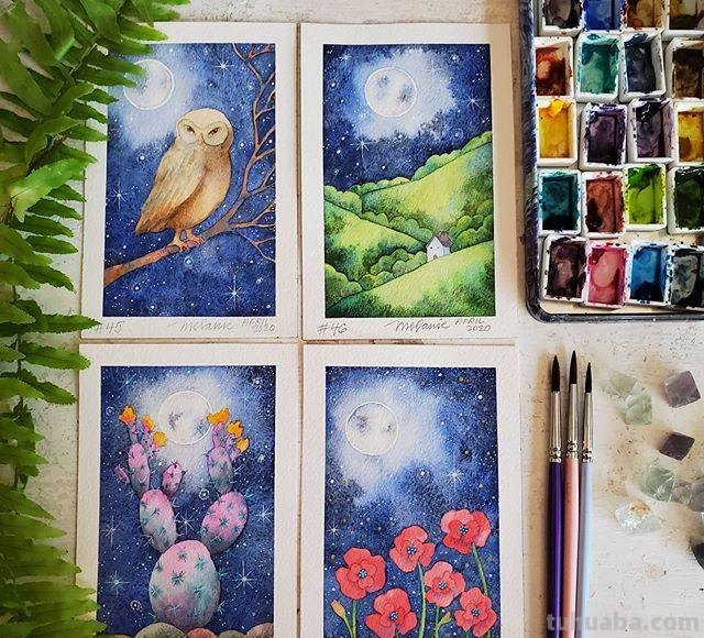 色彩绚丽、唯美梦幻的水彩插画，描绘了一个美好的童话世界