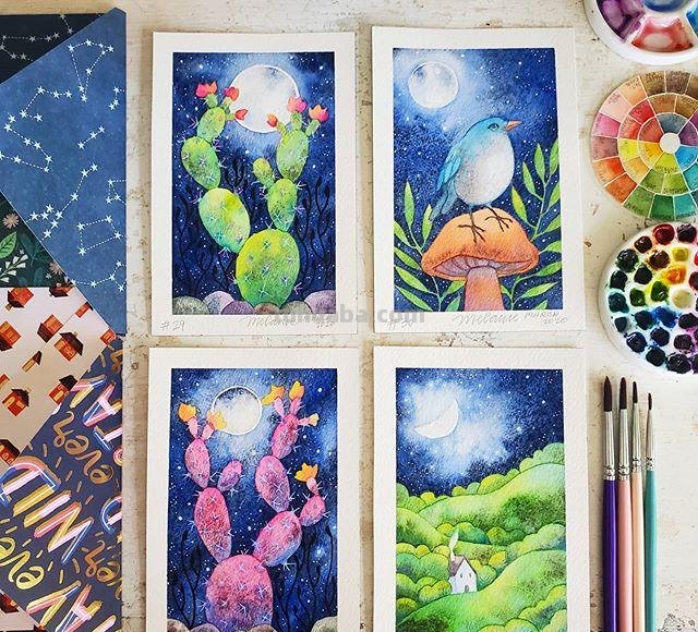 色彩绚丽、唯美梦幻的水彩插画，描绘了一个美好的童话世界