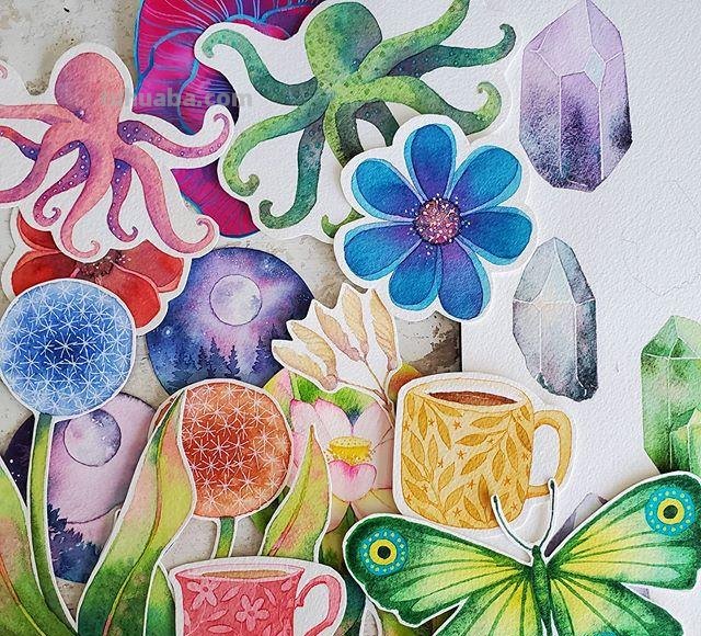 色彩绚丽、唯美梦幻的水彩插画，描绘了一个美好的童话世界