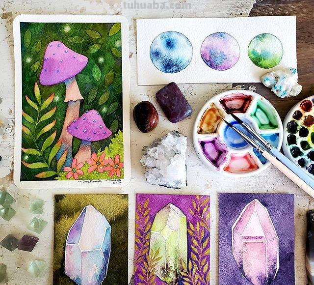 色彩绚丽、唯美梦幻的水彩插画，描绘了一个美好的童话世界