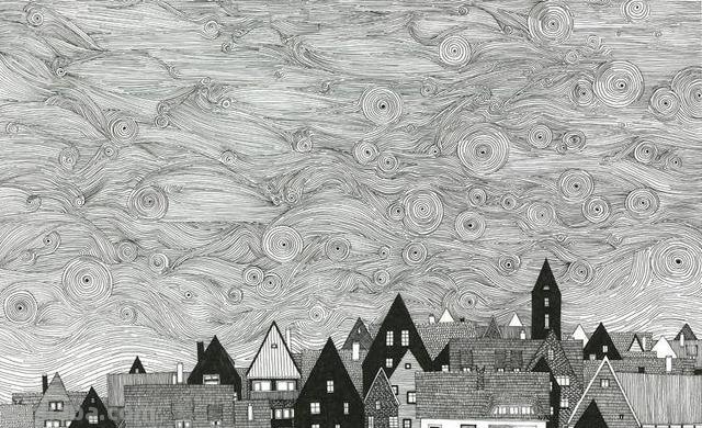 儿童画素材：黑白房子线描画