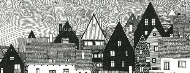 儿童画素材：黑白房子线描画