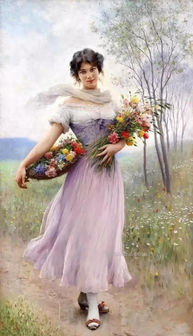 美丽的卖花姑娘-欧洲学院派古典人物油画作品欣赏