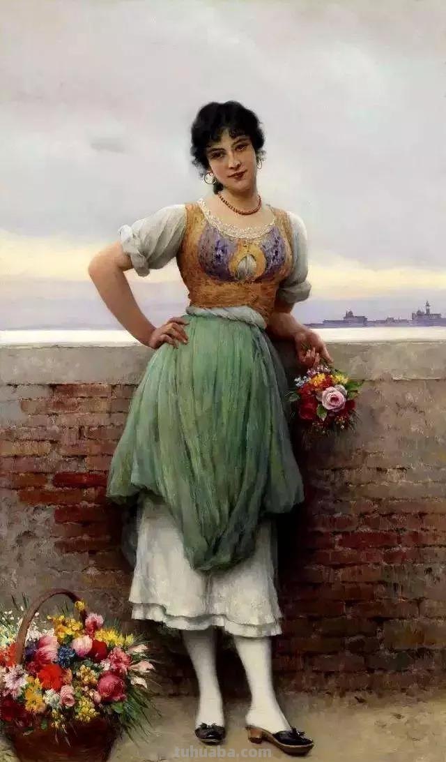 美丽的卖花姑娘-欧洲学院派古典人物油画作品欣赏