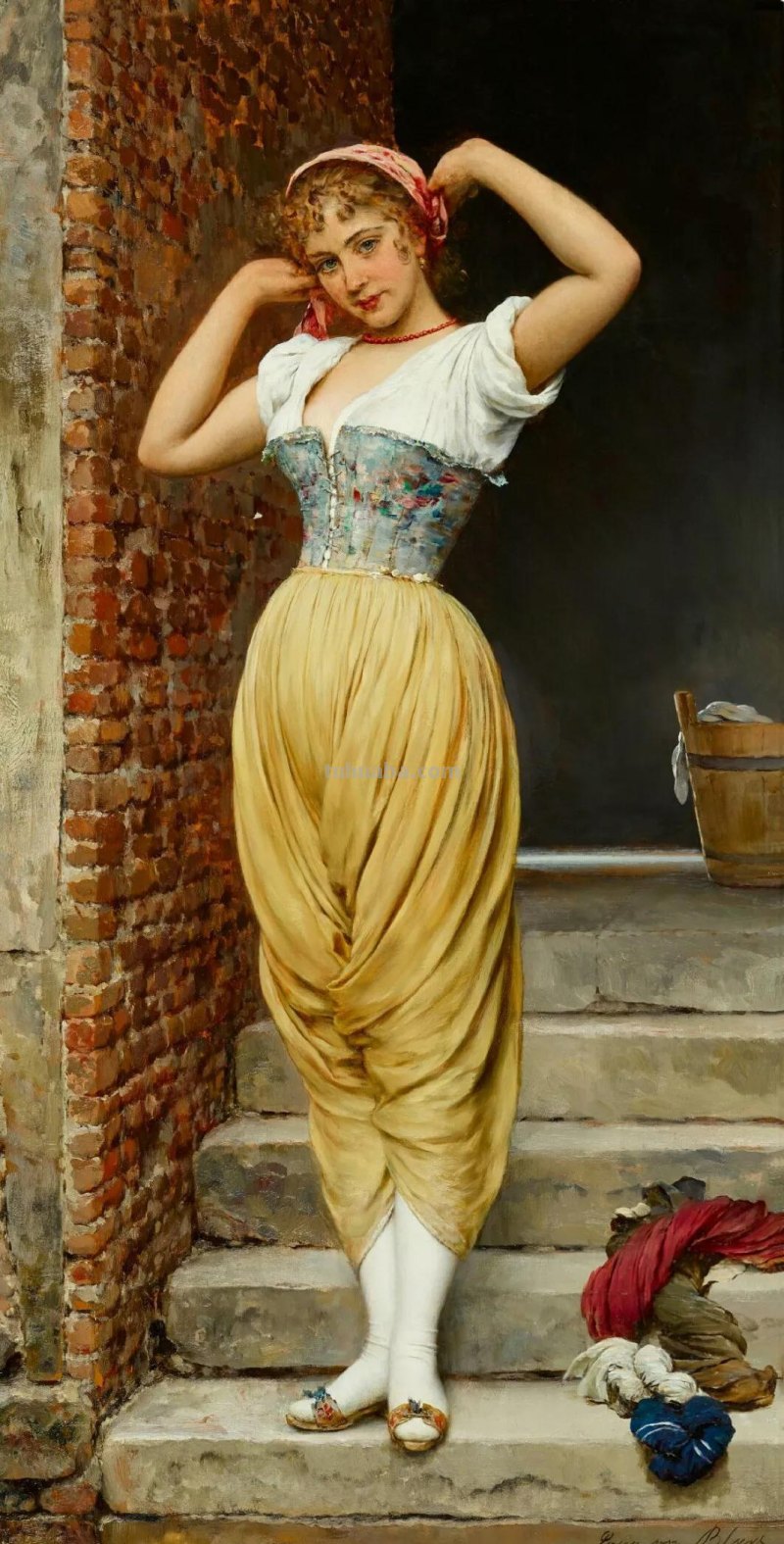 美丽的卖花姑娘-欧洲学院派古典人物油画作品欣赏