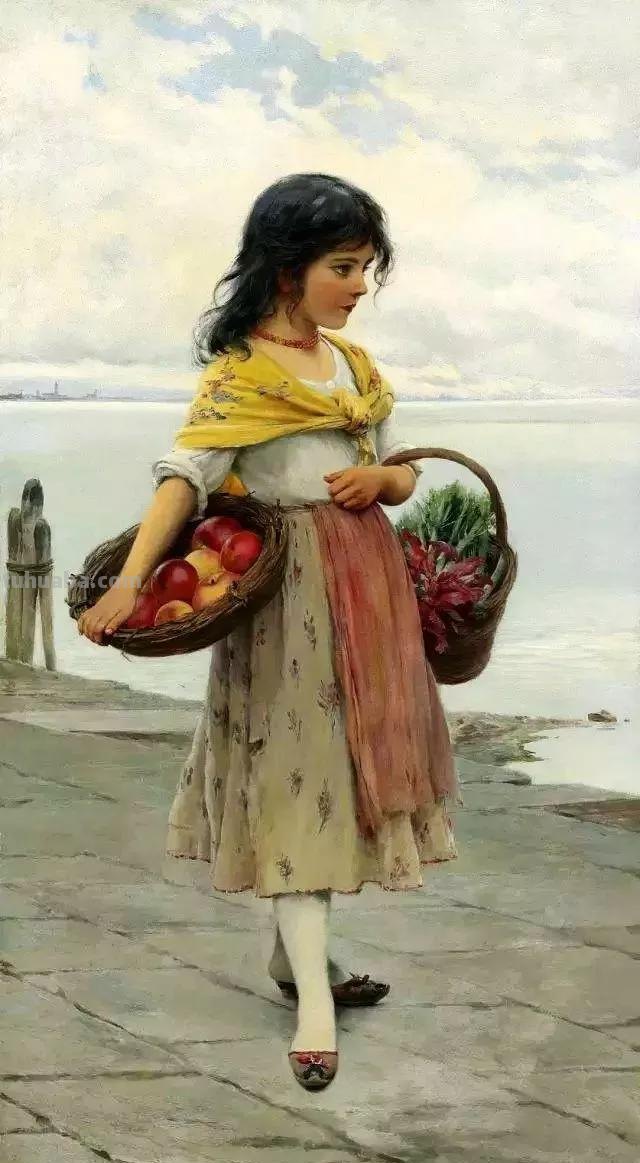 美丽的卖花姑娘-欧洲学院派古典人物油画作品欣赏
