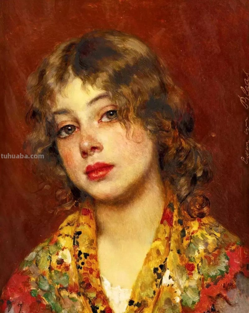 美丽的卖花姑娘-欧洲学院派古典人物油画作品欣赏