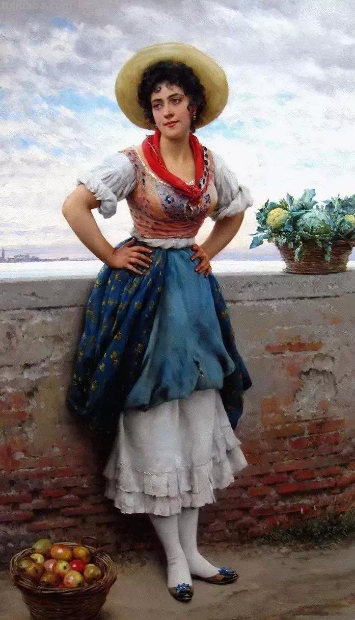 美丽的卖花姑娘-欧洲学院派古典人物油画作品欣赏