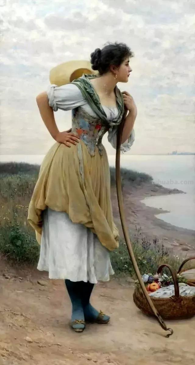 美丽的卖花姑娘-欧洲学院派古典人物油画作品欣赏