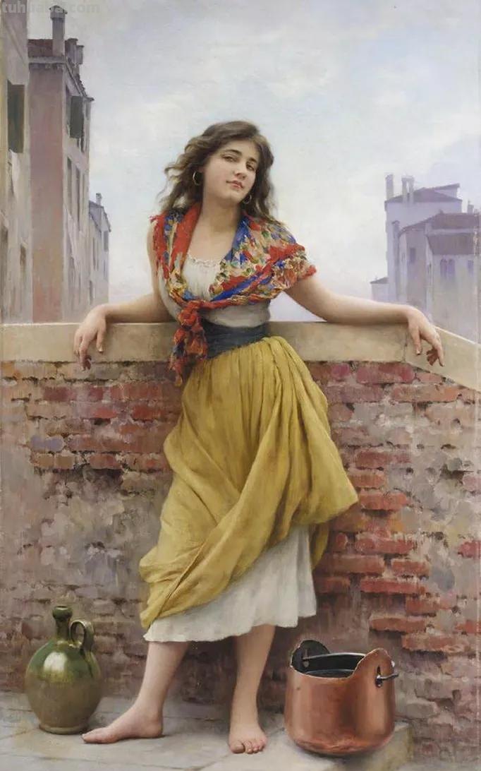美丽的卖花姑娘-欧洲学院派古典人物油画作品欣赏