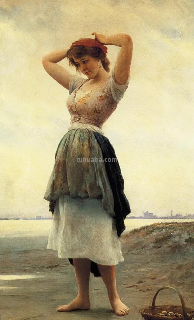 美丽的卖花姑娘-欧洲学院派古典人物油画作品欣赏