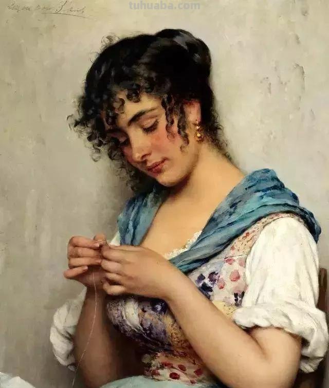 美丽的卖花姑娘-欧洲学院派古典人物油画作品欣赏