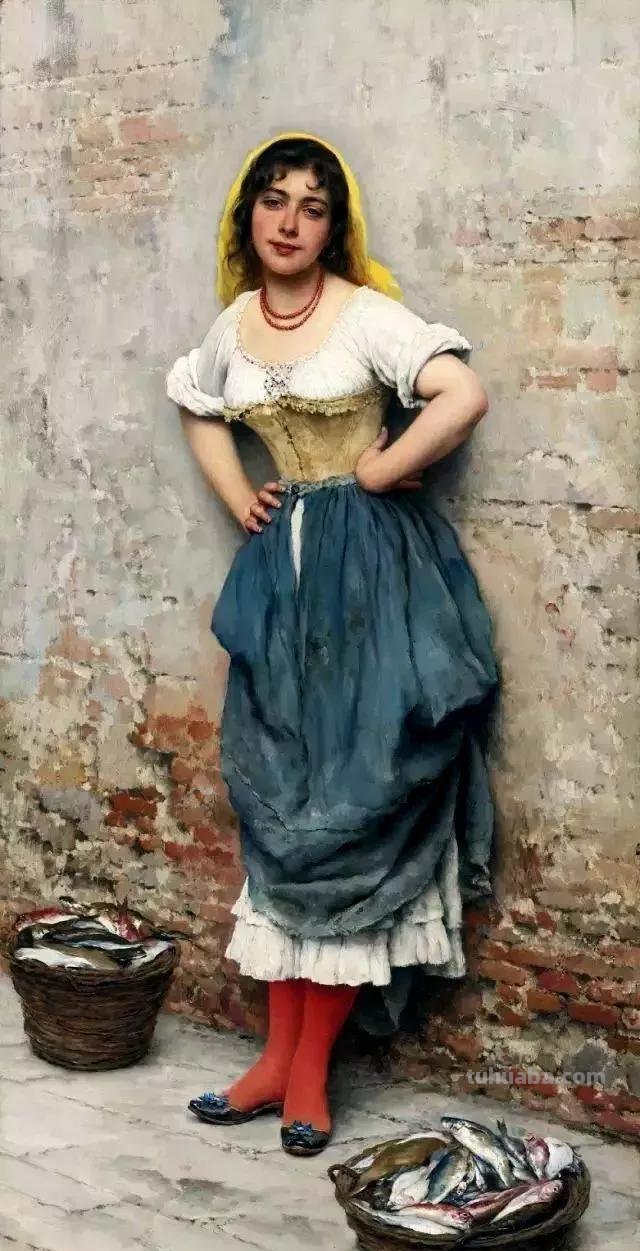美丽的卖花姑娘-欧洲学院派古典人物油画作品欣赏