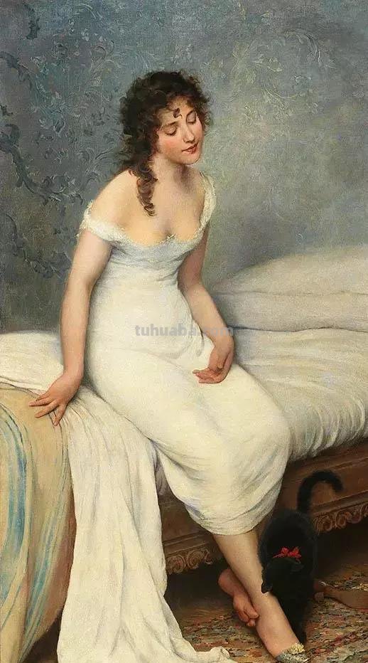 美丽的卖花姑娘-欧洲学院派古典人物油画作品欣赏