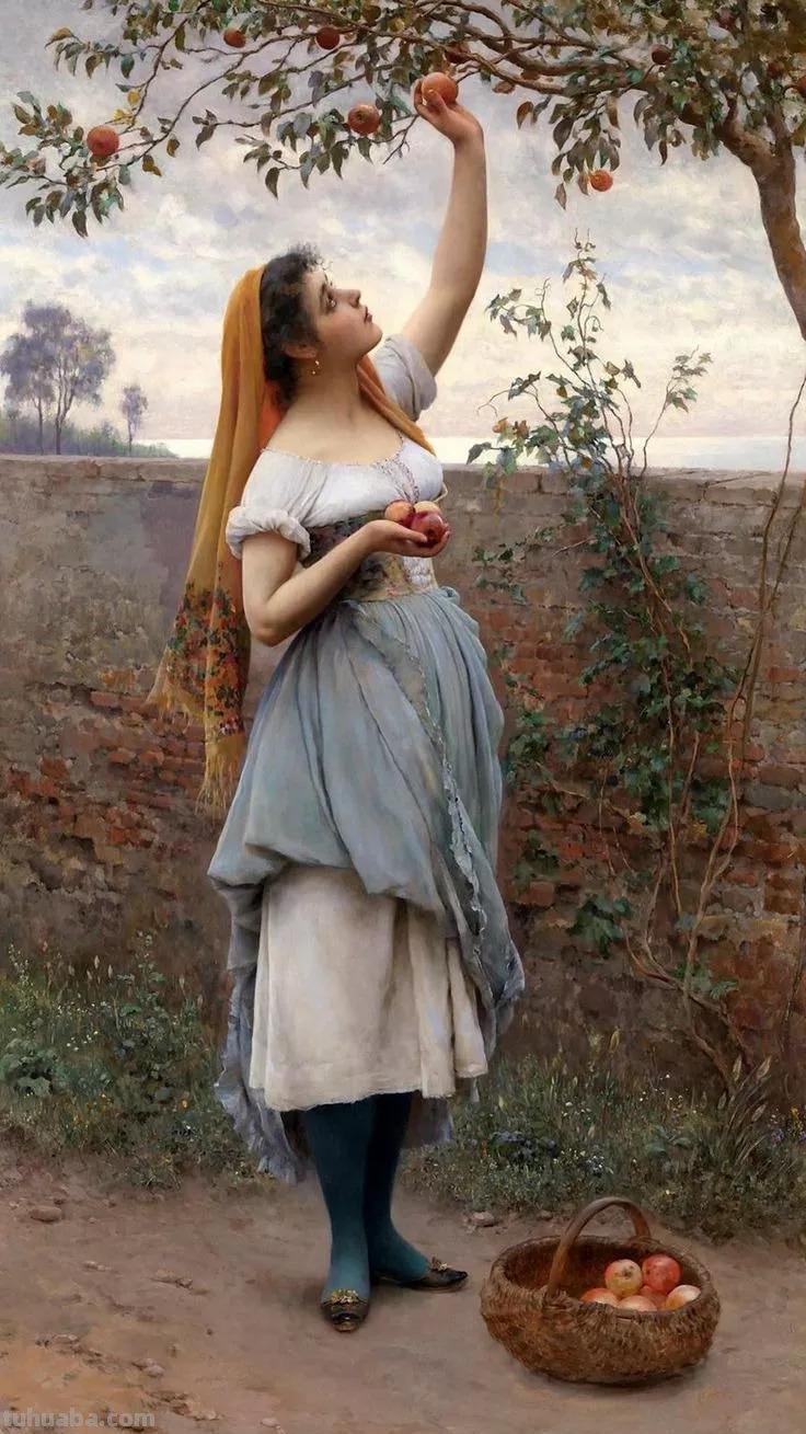 美丽的卖花姑娘-欧洲学院派古典人物油画作品欣赏