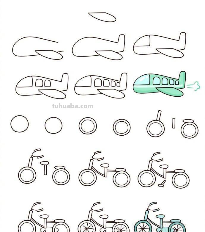 儿童飞机和自行车简笔画