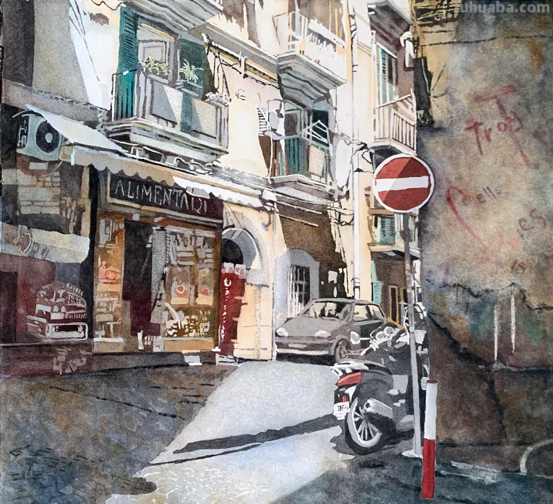 杰出的艺术家水彩画作品欣赏，沐浴在阳光下的街景