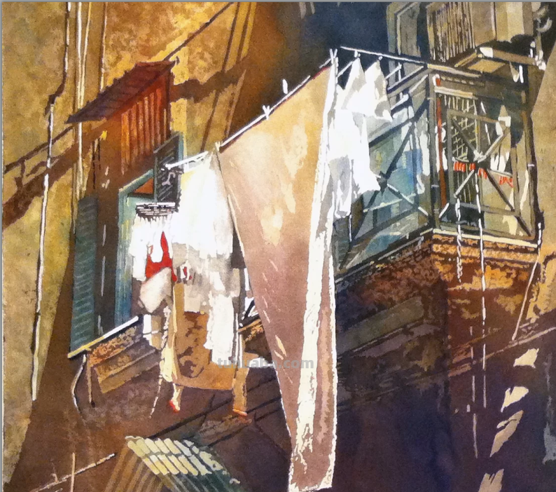 杰出的艺术家水彩画作品欣赏，沐浴在阳光下的街景