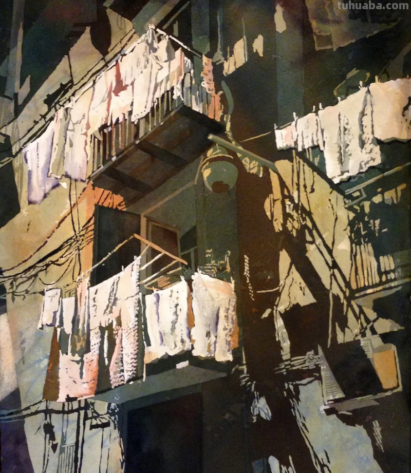 杰出的艺术家水彩画作品欣赏，沐浴在阳光下的街景