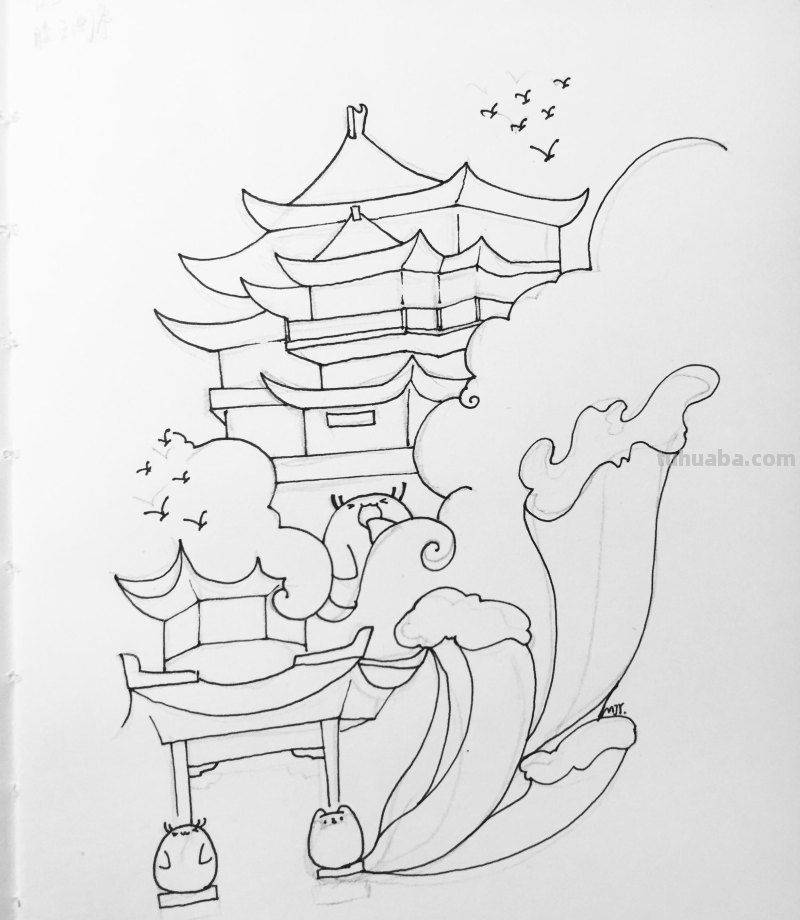 中国风建筑简笔画过程解析，新手也能画的很好看