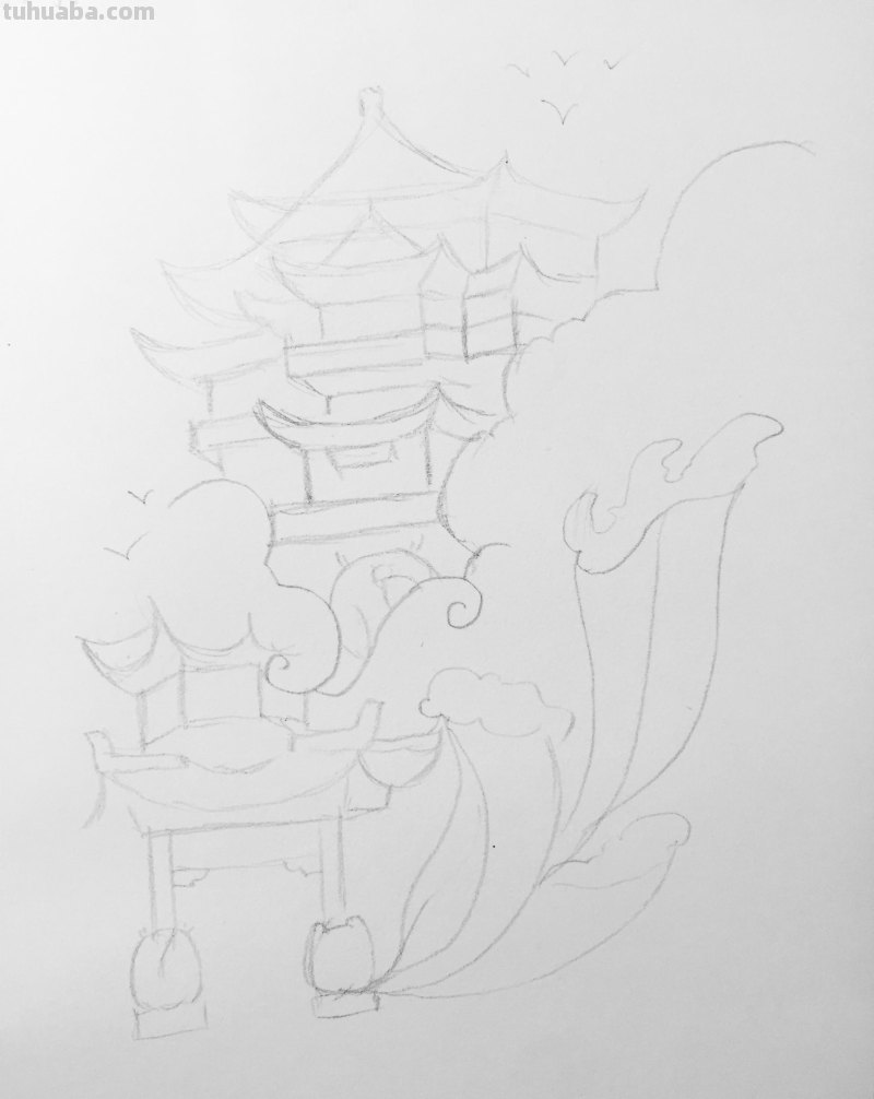 中国风建筑简笔画过程解析，新手也能画的很好看