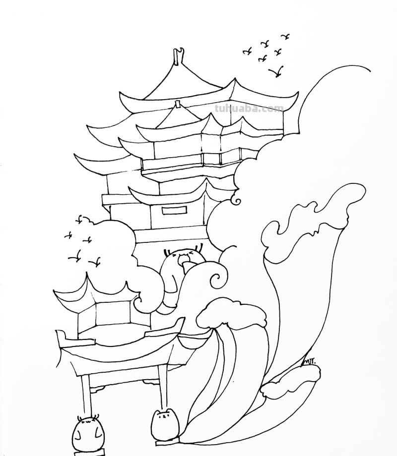 中国风建筑简笔画过程解析，新手也能画的很好看