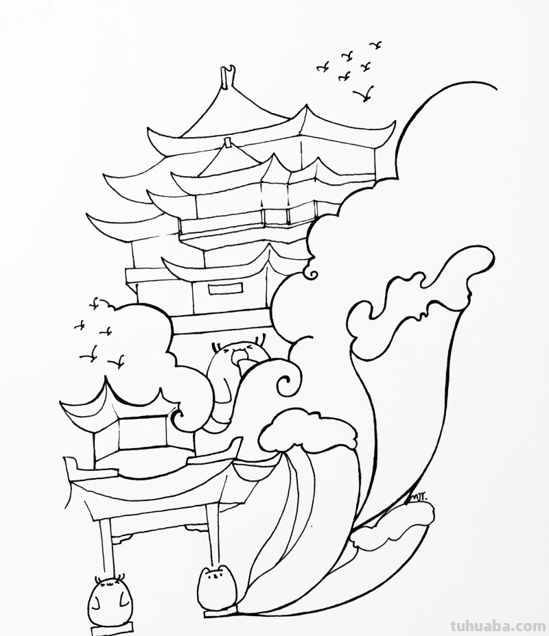 中国风建筑简笔画过程解析，新手也能画的很好看