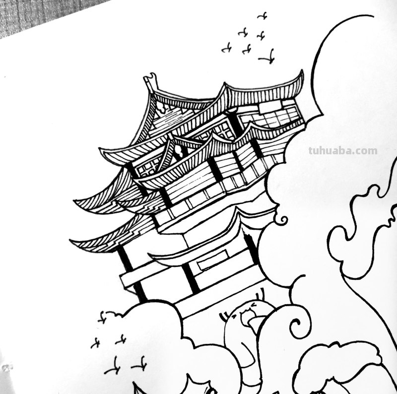 中国风建筑简笔画过程解析，新手也能画的很好看