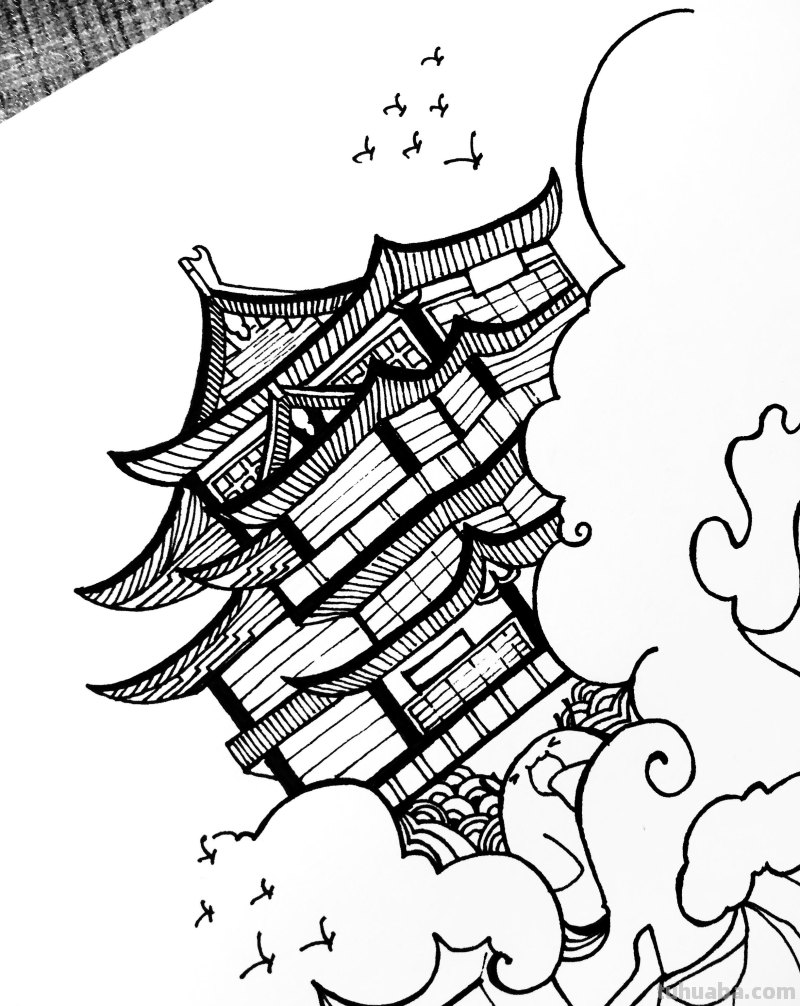 中国风建筑简笔画过程解析，新手也能画的很好看