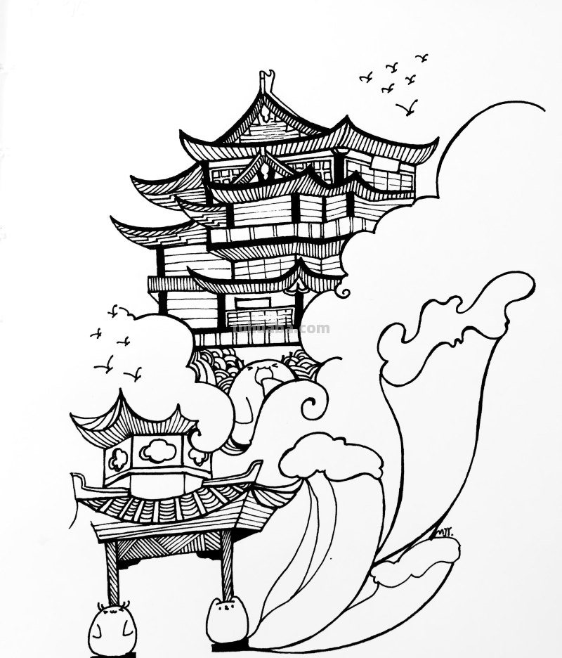 中国风建筑简笔画过程解析，新手也能画的很好看