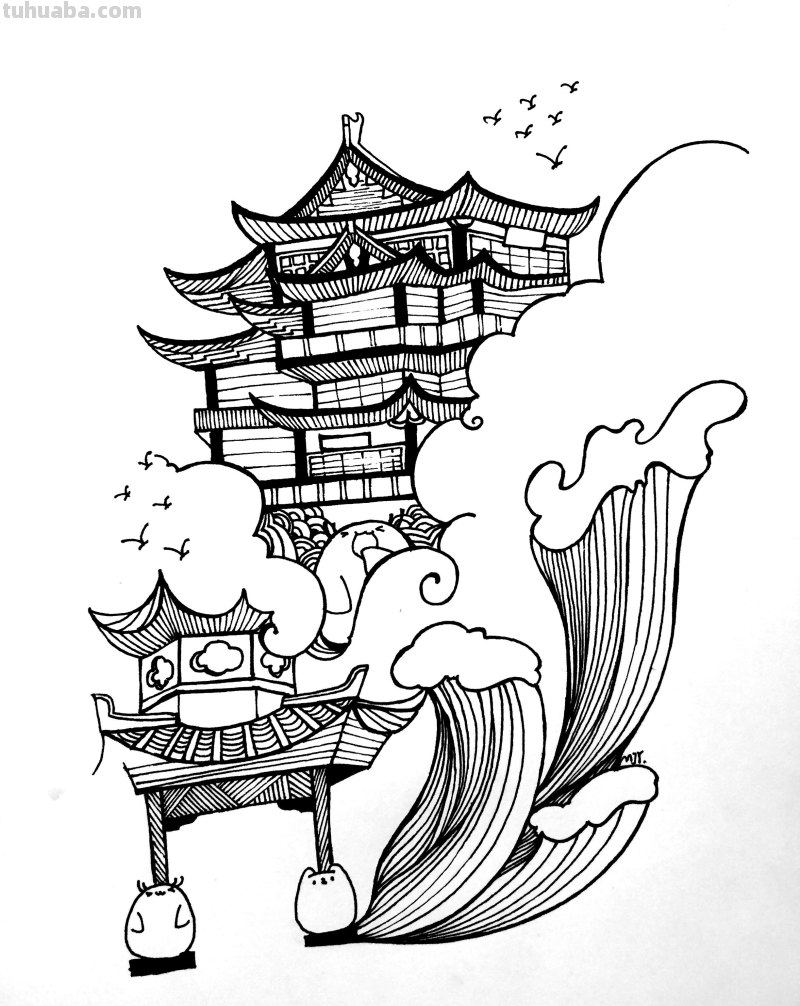中国风建筑简笔画过程解析，新手也能画的很好看