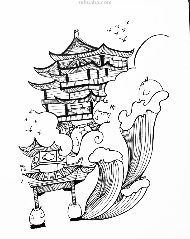 中国风建筑简笔画过程解析，新手也能画的很好看