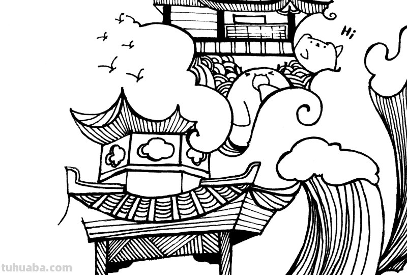 中国风建筑简笔画过程解析，新手也能画的很好看