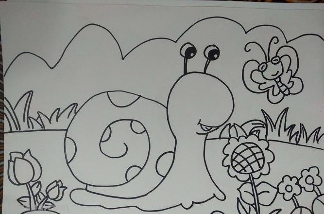 情景简笔画,动物简笔画 春天来了,小兔子和蜗牛去踏青儿童画
