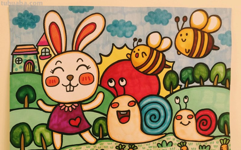 情景简笔画，动物简笔画 春天来了，小兔子和蜗牛去踏青儿童画