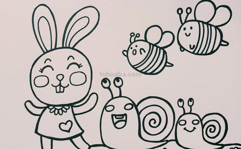 情景简笔画，动物简笔画 春天来了，小兔子和蜗牛去踏青儿童画