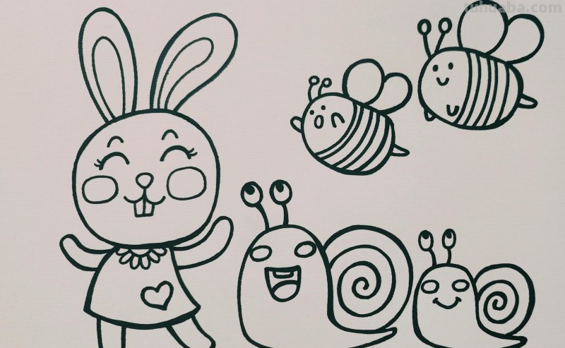 情景简笔画，动物简笔画 春天来了，小兔子和蜗牛去踏青儿童画