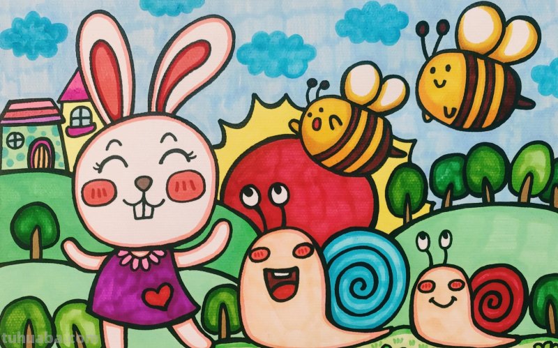情景简笔画，动物简笔画 春天来了，小兔子和蜗牛去踏青儿童画